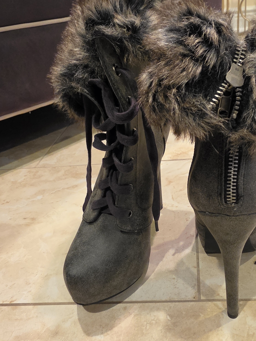 JustFab Black Faux Fur Trim Lace-Up Suede High Heel Boots